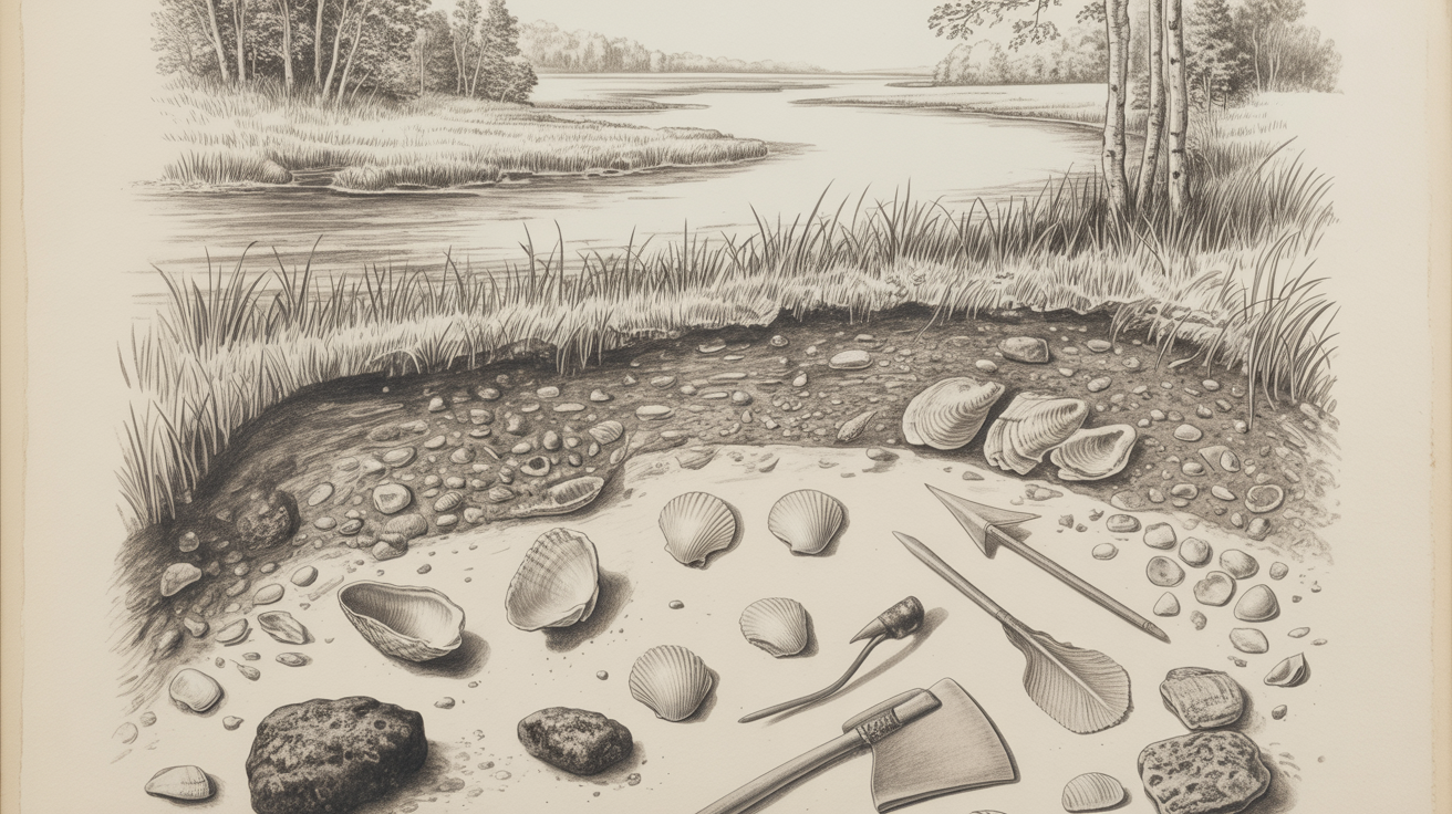 Illustration of an archaeological dig site along a river showing shell middens, stone tools, and arrowheads in a coastal landscape